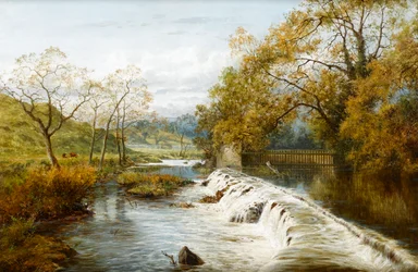 Um açude de estouro por uma lagoa de moinho, c.1880
